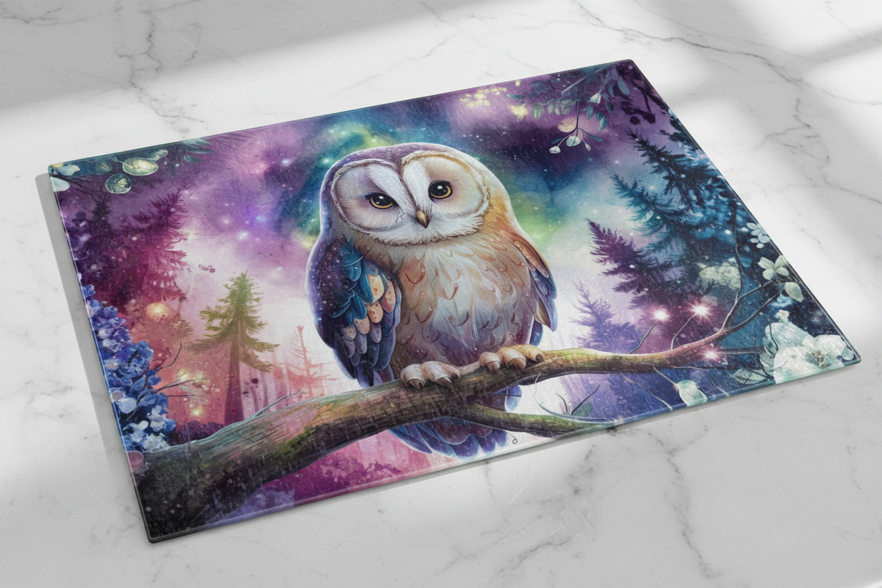 Owl Galaxy Forest Tempered Glass Cutting Board – 8×11