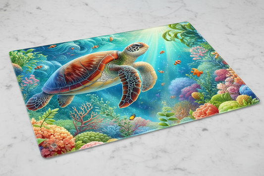 Sea Turtle Coral Reef Tempered Glass Cutting Board – 8×11