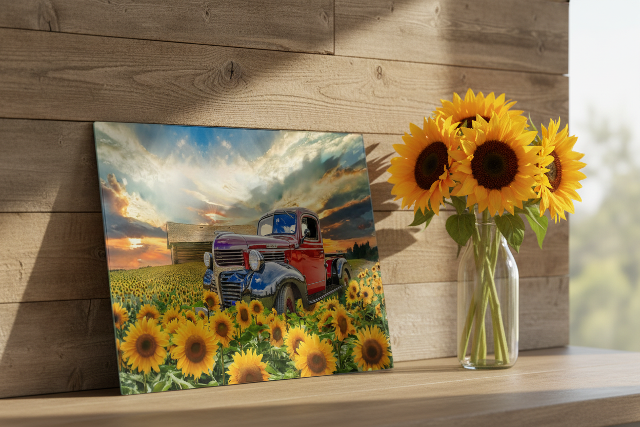 Vintage Truck Sunflower Field Tempered Glass Cutting Board – 8×11
