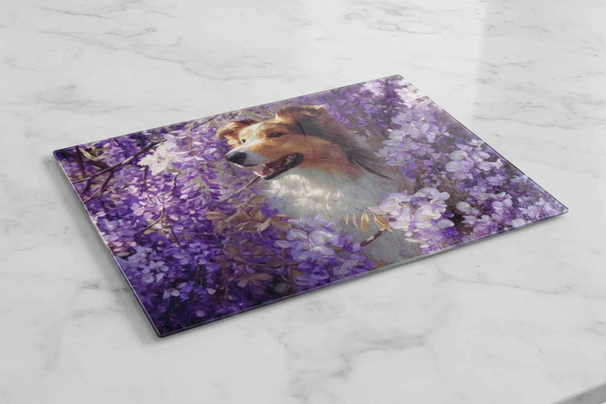 Collie in Wisteria Tempered Glass Cutting Board – 8×11