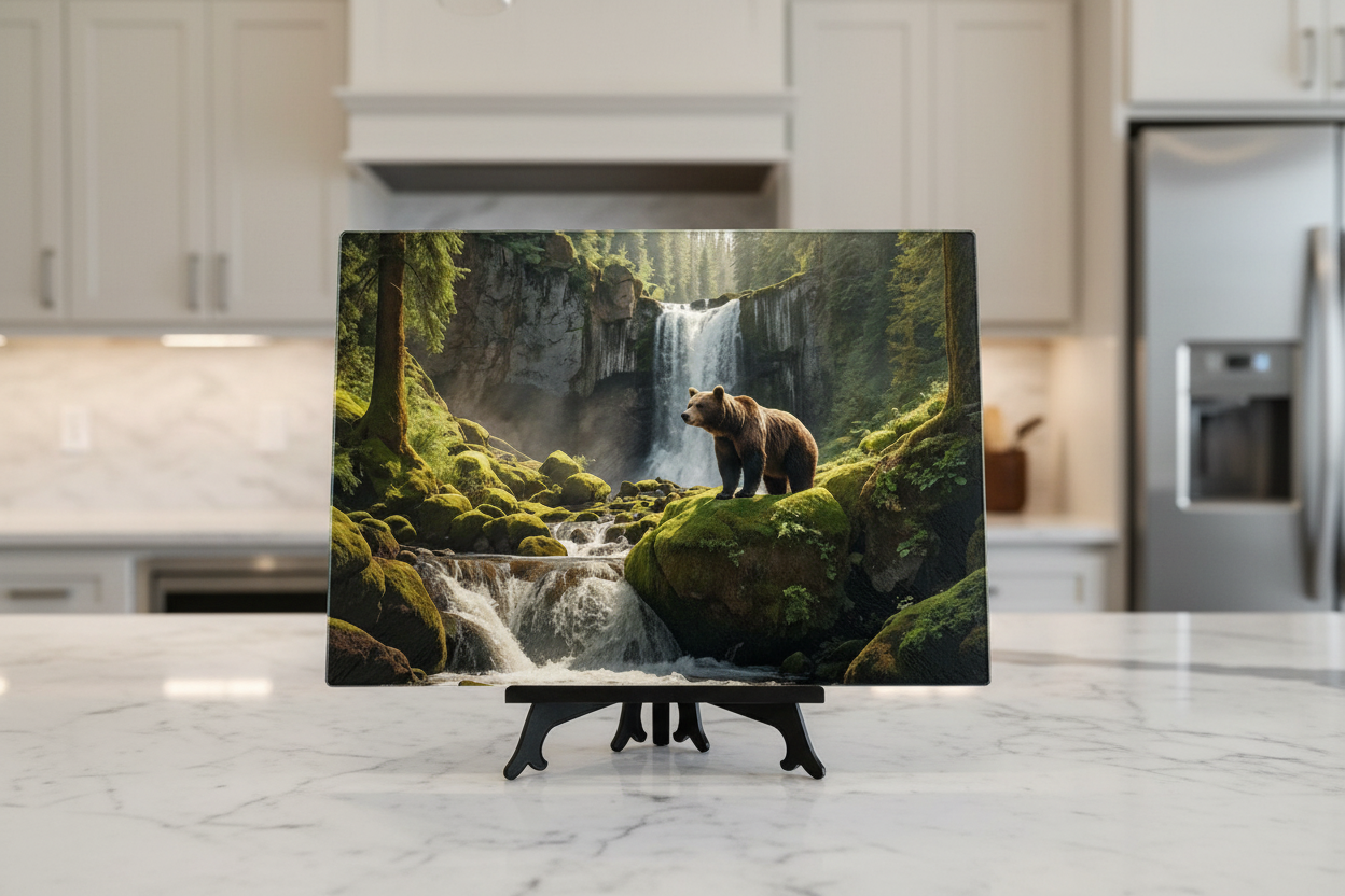 Grizzly Bear at the Falls – 8x11 Tempered Glass Cutting Board