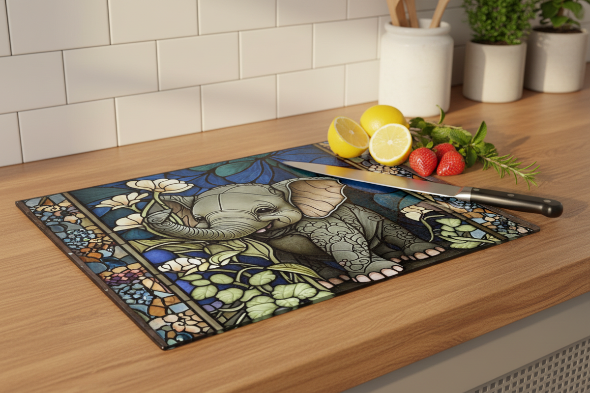 Stained Glass Baby Elephant – 11x8 Tempered Glass Cutting Board