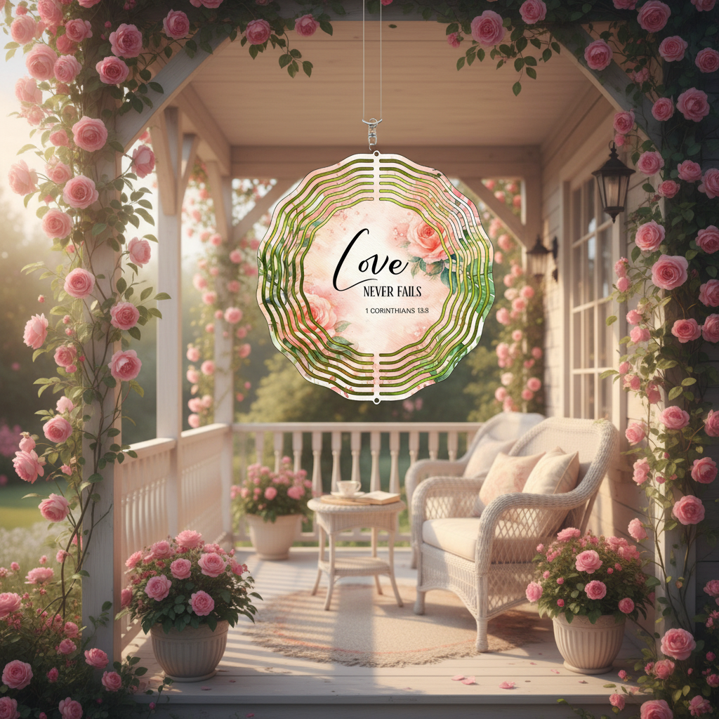 Love Never Fails Wind Spinner | 1 Corinthians 13:8 | Scripture Garden Decor | Wedding & Anniversary Gift