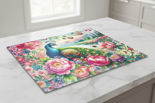 Peacock Peony Garden Tempered Glass Cutting Board – 8×11
