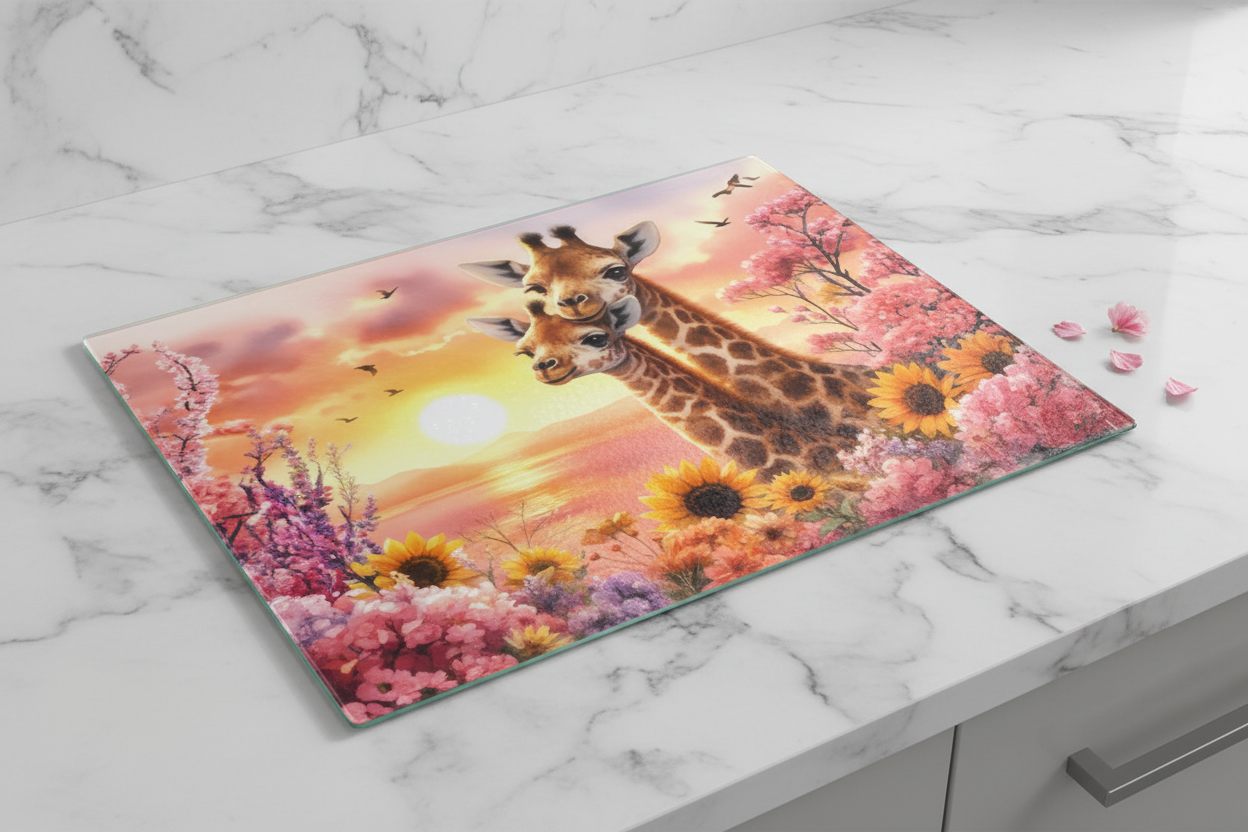 Giraffe Sunset Blossom Tempered Glass Cutting Board – 8×11