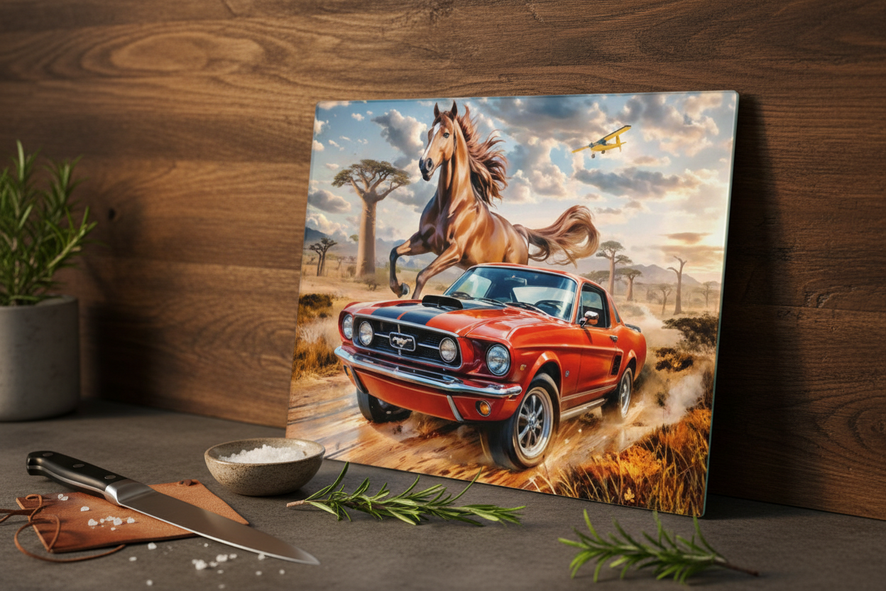 Wild Mustang & Ford Mustang Savanna Tempered Glass Cutting Board – 8×11