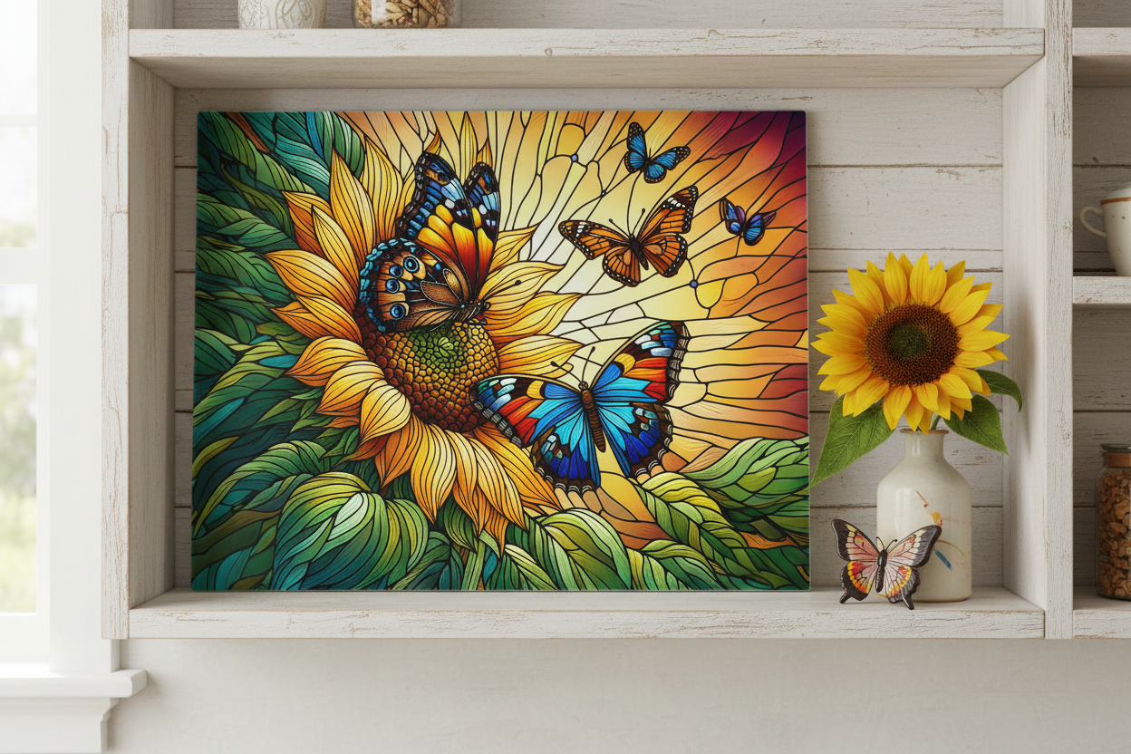 Stained Glass Sunflower & Butterfly Tempered Glass Cutting Board – 8×11