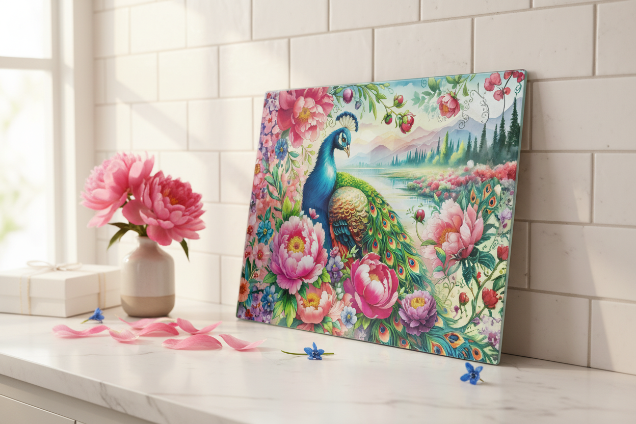 Peacock Peony Garden Tempered Glass Cutting Board – 8×11