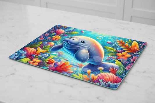 Whimsical Manatee Tempered Glass Cutting Board – 8×11