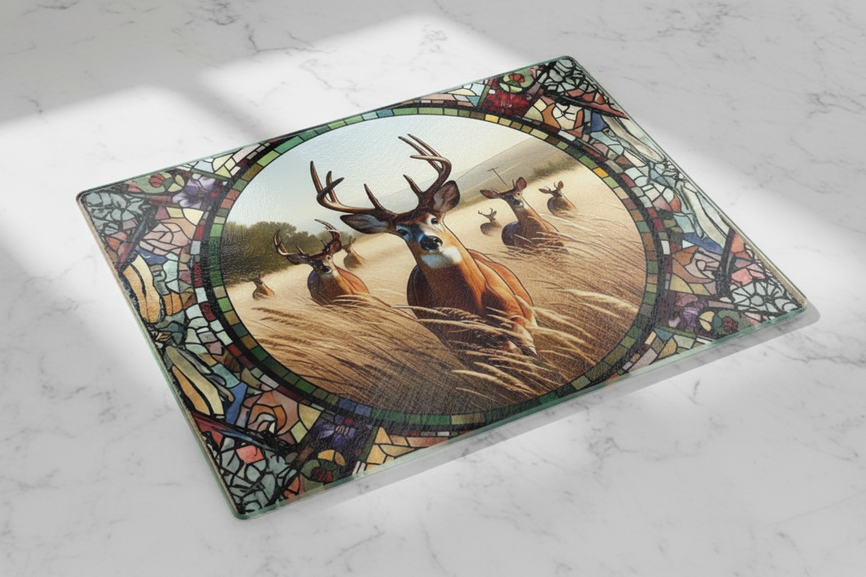 Stained Glass Deer Herd Tempered Glass Cutting Board – 8×11
