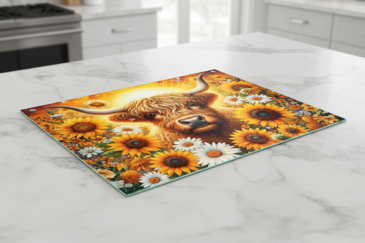 Highland Cow Sunflower Tempered Glass Cutting Board – 8×11