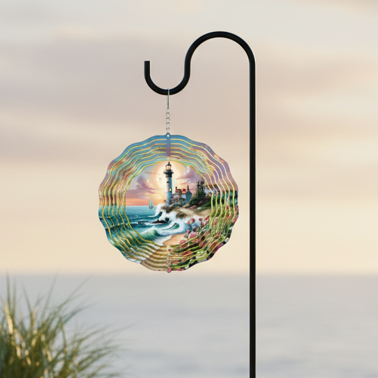 Lighthouse Wind Spinner hanging on shepherd's hook on coastal patio