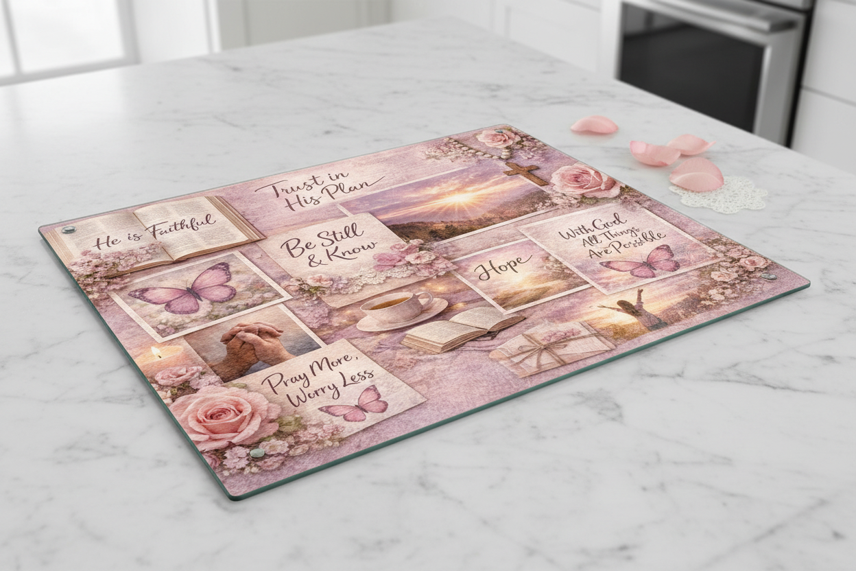 Faith & Flowers Glass Cutting Board | Scripture Quote Collage