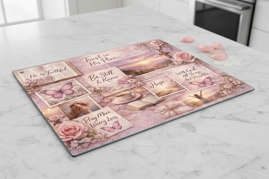 Faith & Flowers Glass Cutting Board | Scripture Quote Collage