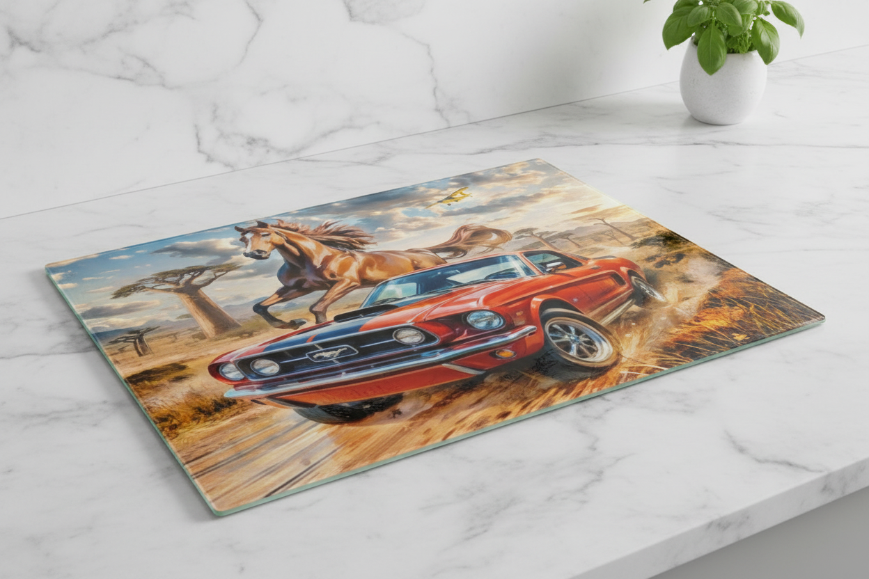 Wild Mustang & Ford Mustang Savanna Tempered Glass Cutting Board – 8×11