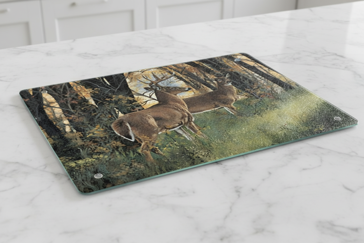 Whitetail Deer Autumn Forest Tempered Glass Cutting Board – 8×11