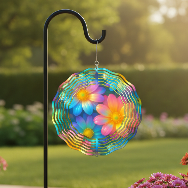 Rainbow Daisy Wind Spinner hanging on shepherd's hook on upscale garden patio