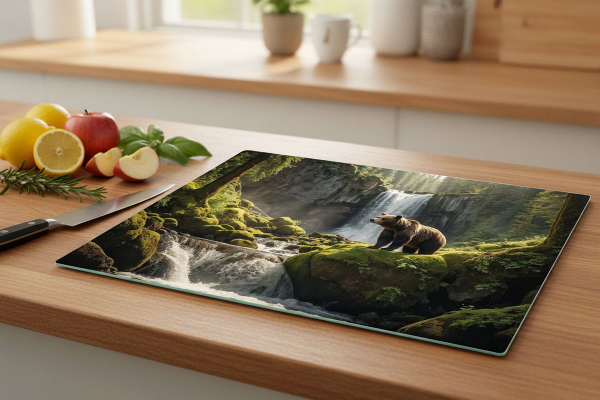 Grizzly Bear at the Falls – 8x11 Tempered Glass Cutting Board