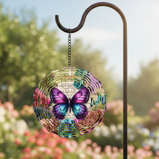 Rainbow Butterfly Wind Spinner hanging on shepherd's hook in garden