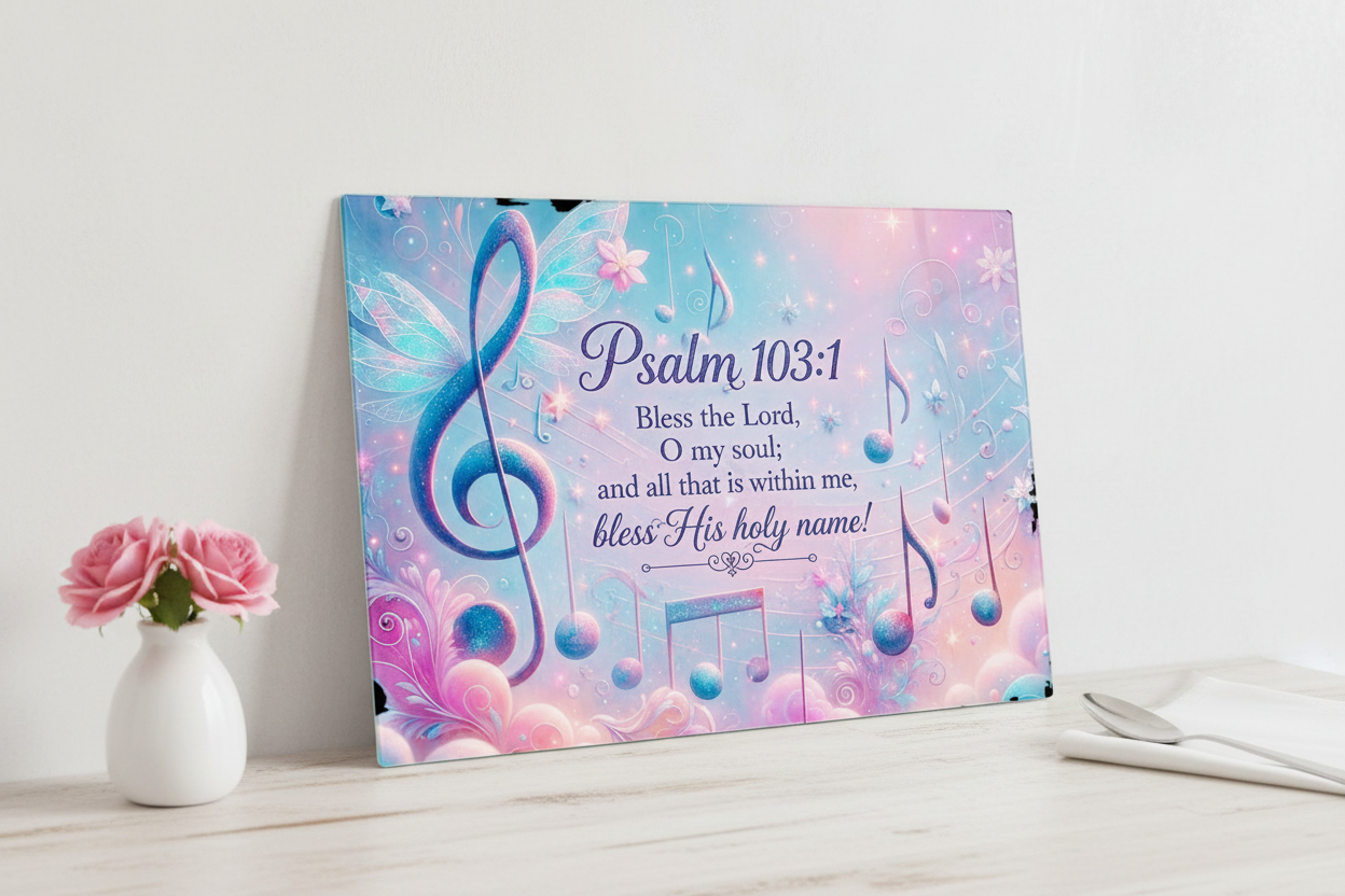Psalm 103:1 Musical Notes Tempered Glass Cutting Board – 8×11