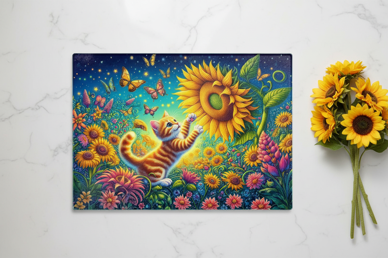 Kitten Sunflower Garden Tempered Glass Cutting Board – 8×11