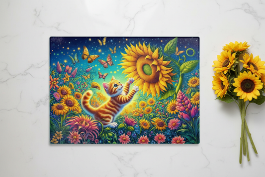 Kitten Sunflower Garden Tempered Glass Cutting Board – 8×11