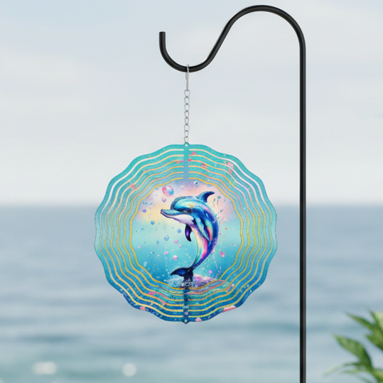 Dolphin Wind Spinner hanging on shepherd's hook on coastal patio