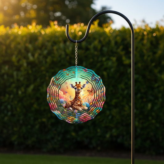 Giraffe Wind Spinner hanging on shepherd's hook in garden