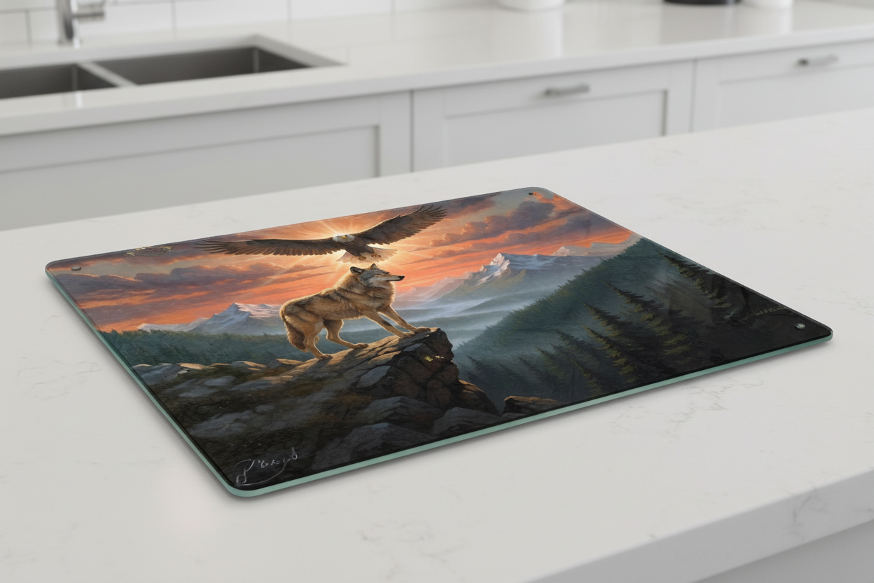 Eagle & Wolf Mountain Sunset – 11×8 Tempered Glass Cutting Board