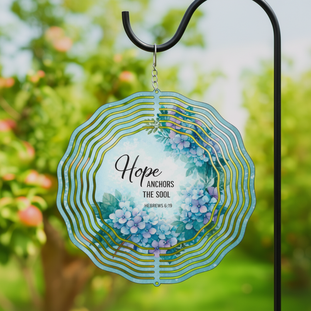 Hope Anchors the Soul Wind Spinner hanging on shepherd's hook in garden