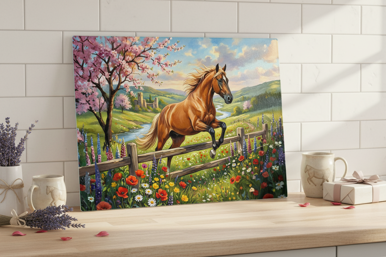 Spring Meadow Horse Tempered Glass Cutting Board – 8×11