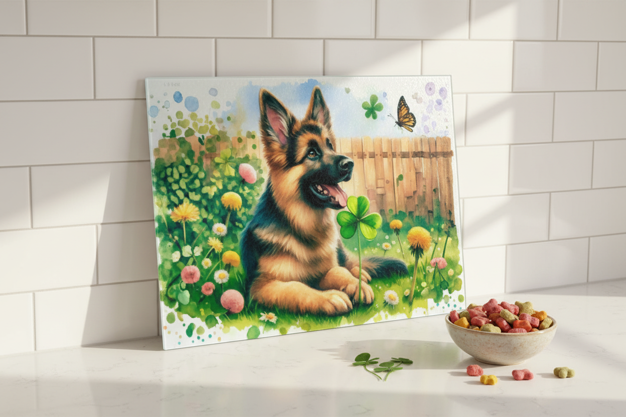 German Shepherd Puppy Lucky Clover Garden Tempered Glass Cutting Board – 8×11