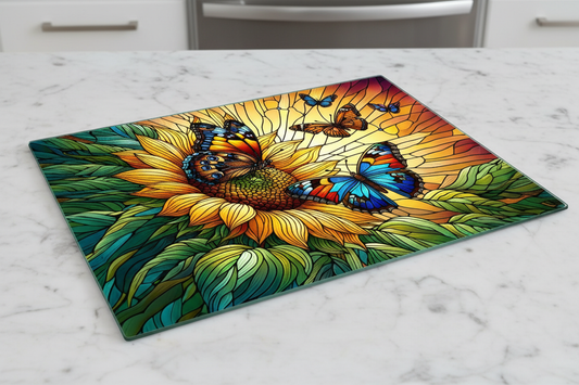 Stained Glass Sunflower & Butterfly Tempered Glass Cutting Board – 8×11