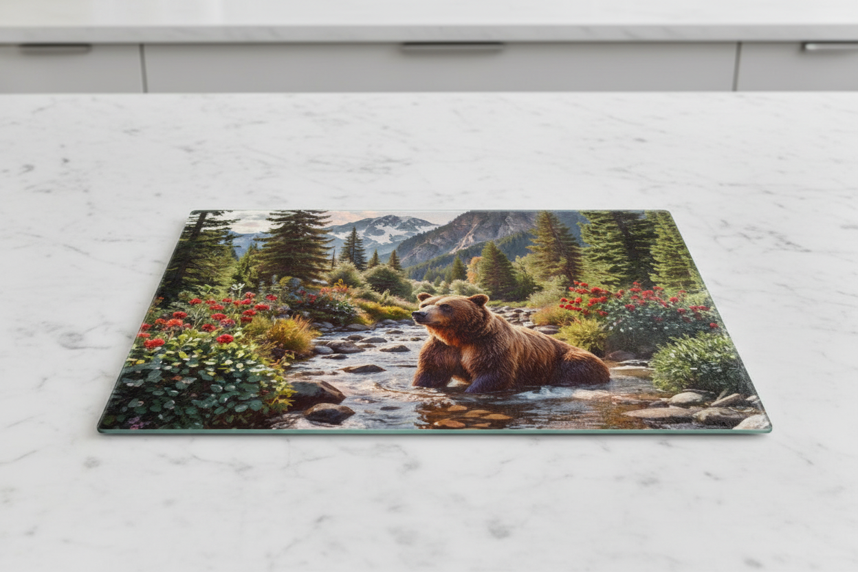 Mountain Grizzly Bear Stream Tempered Glass Cutting Board – 8×11