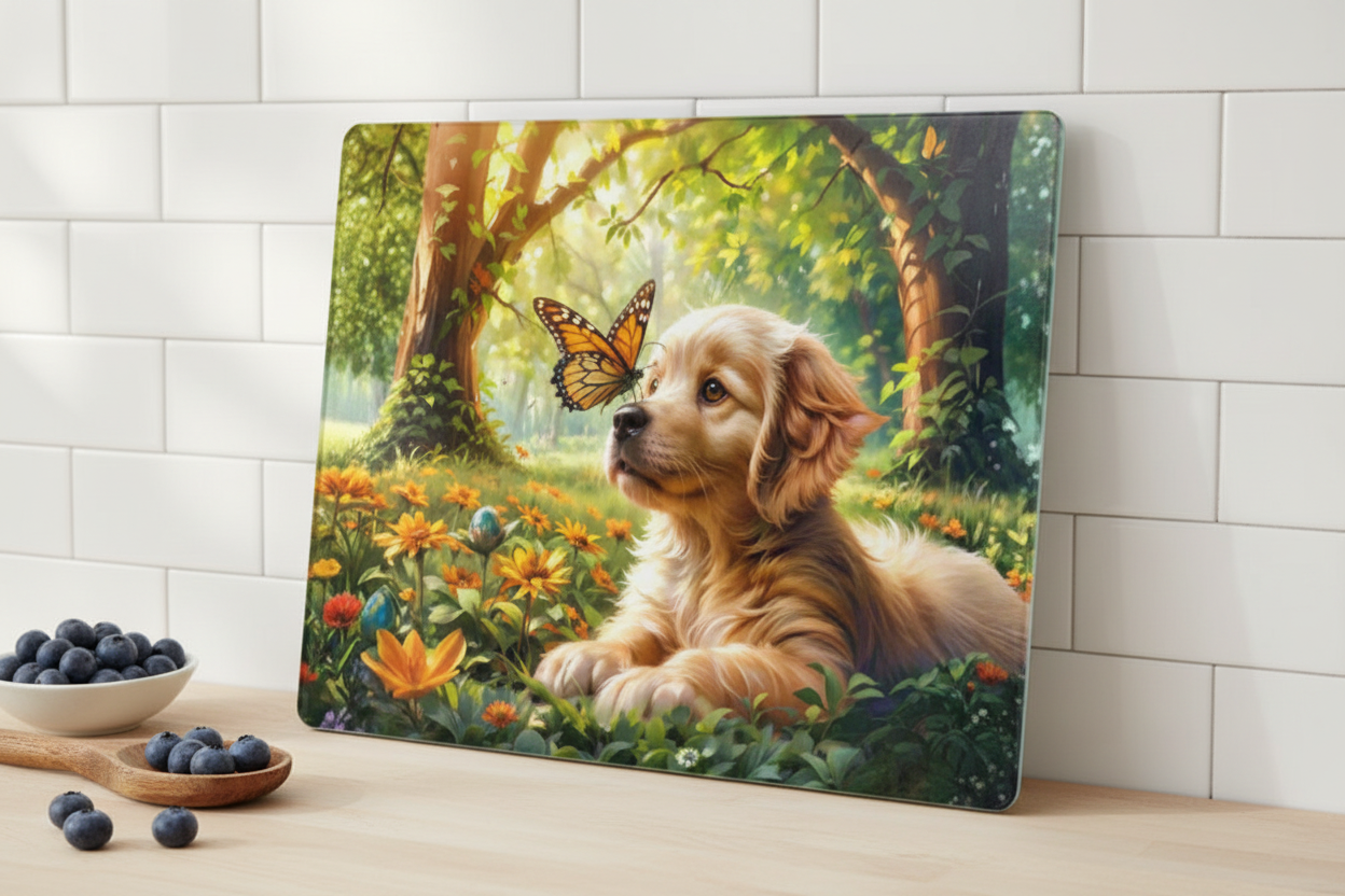 Golden Retriever Puppy & Butterfly Meadow Tempered Glass Cutting Board – 8×11