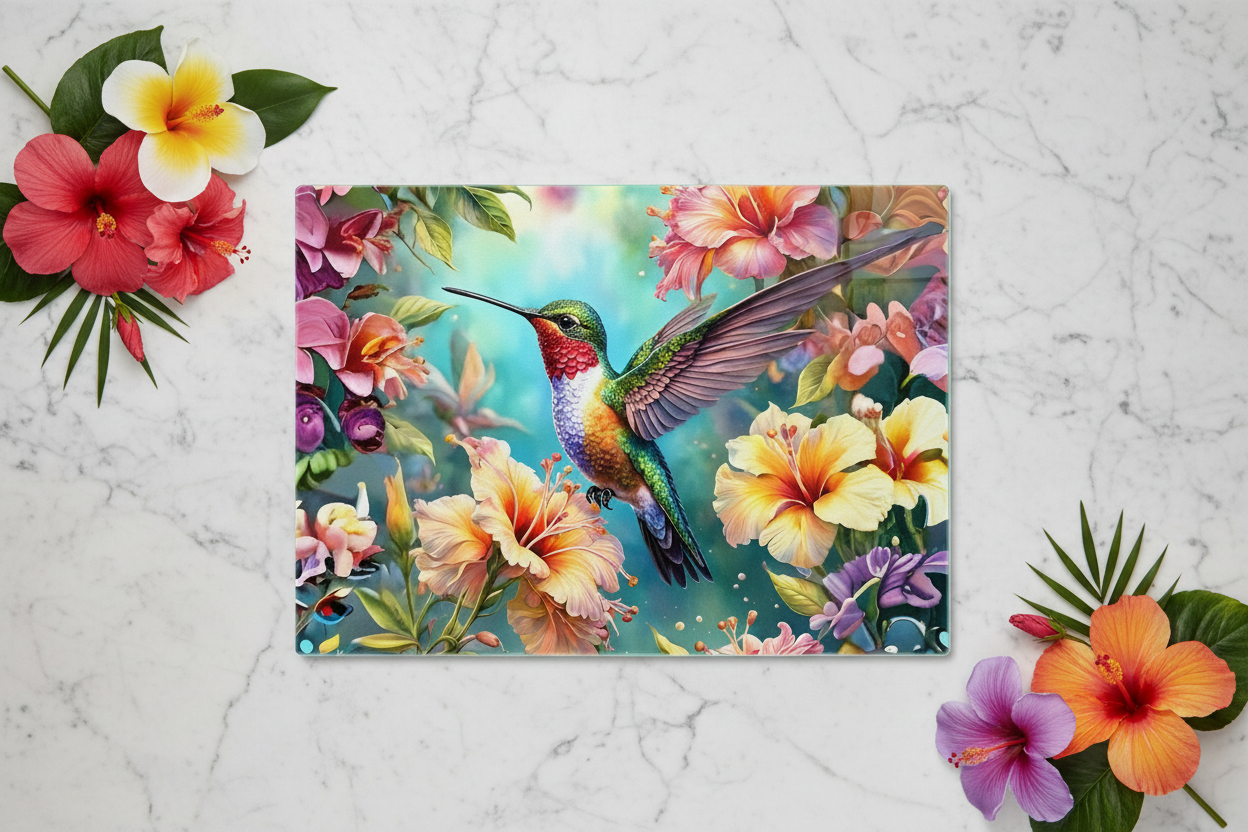 Ruby-Throated Hummingbird Hibiscus Tempered Glass Cutting Board - 8x11