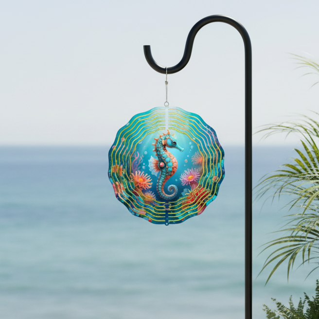 Seahorse Wind Spinner hanging on shepherd's hook on coastal patio
