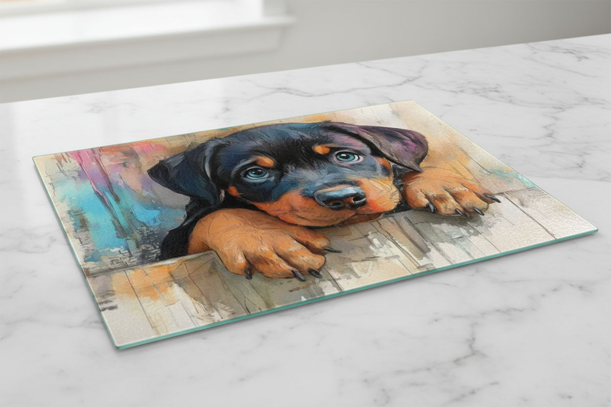 Rottweiler Puppy Peeking Tempered Glass Cutting Board – 8×11