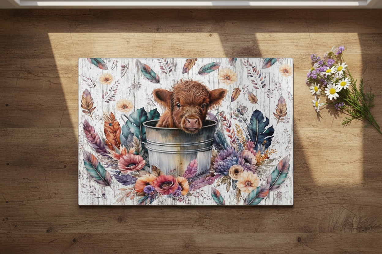 Baby Highland Cow Boho Tempered Glass Cutting Board – 8×11