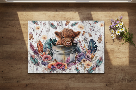 Baby Highland Cow Boho Tempered Glass Cutting Board – 8×11