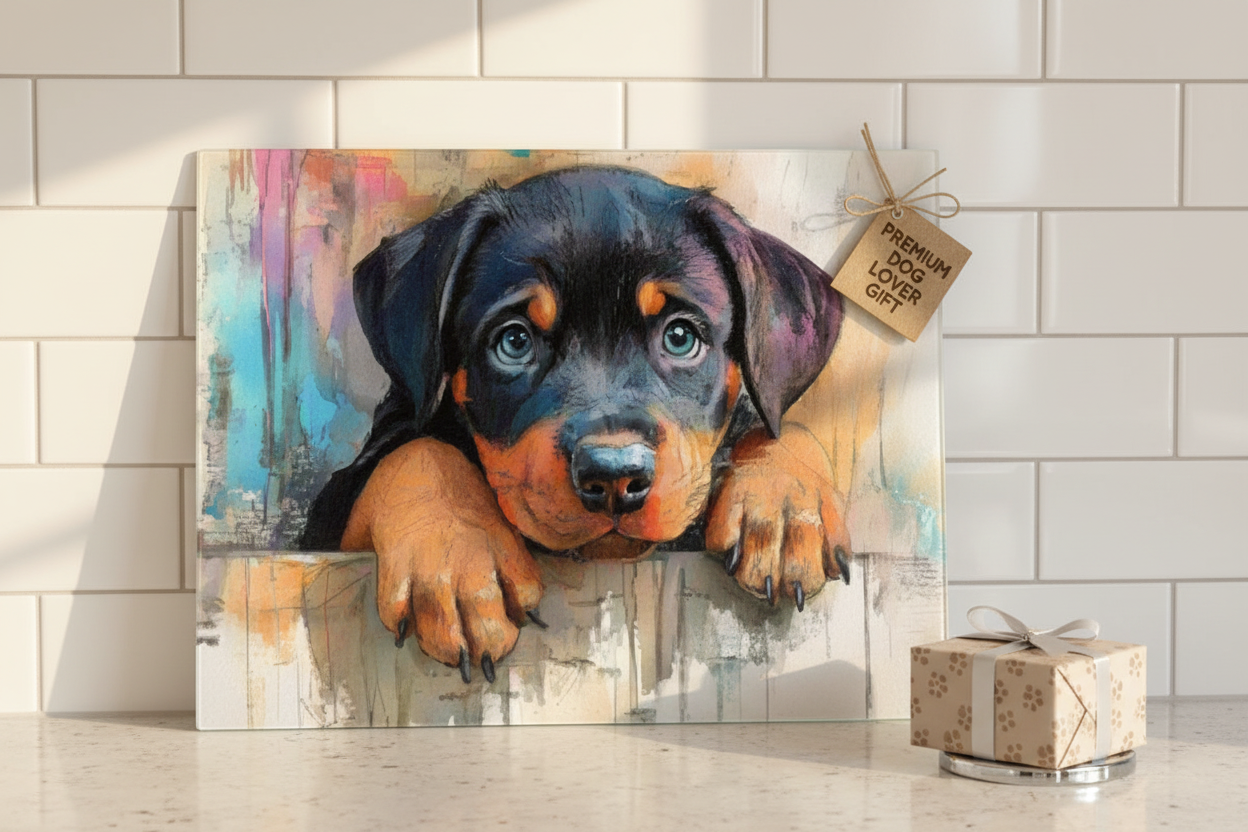 Rottweiler Puppy Peeking Tempered Glass Cutting Board – 8×11