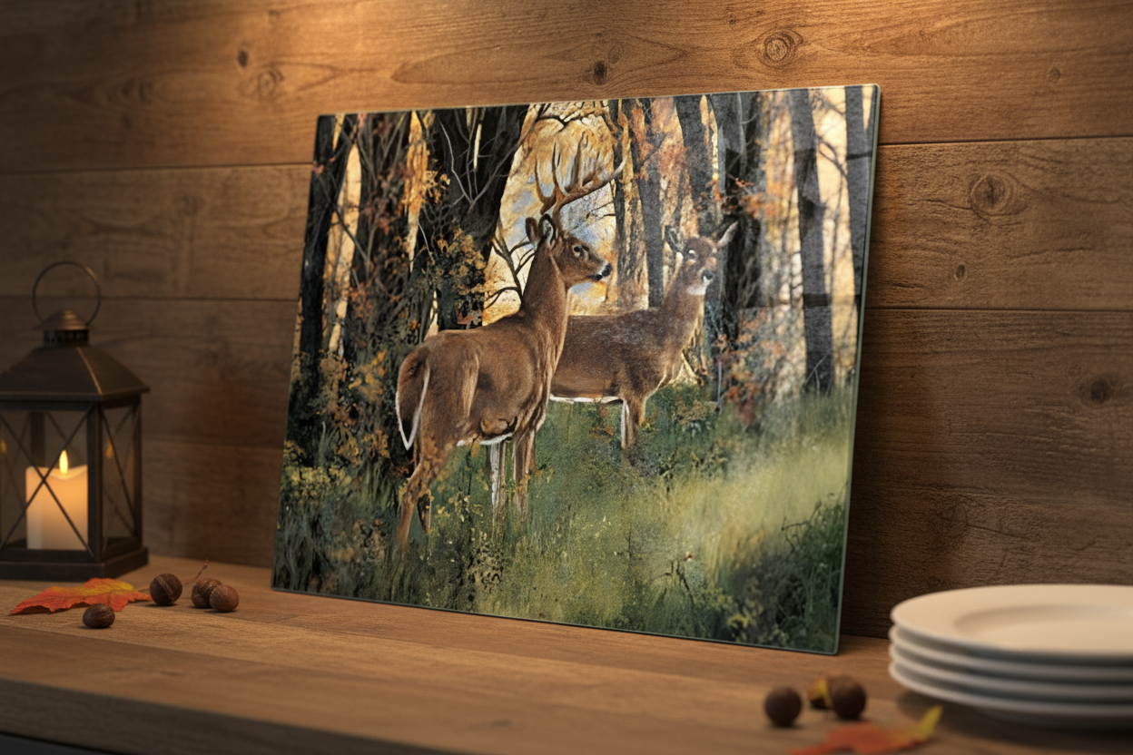 Whitetail Deer Autumn Forest Tempered Glass Cutting Board – 8×11
