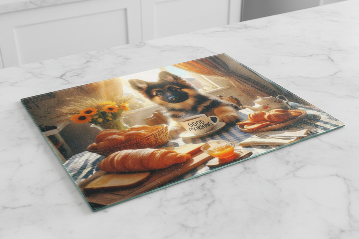 German Shepherd Puppy Breakfast Tempered Glass Cutting Board – 8×11