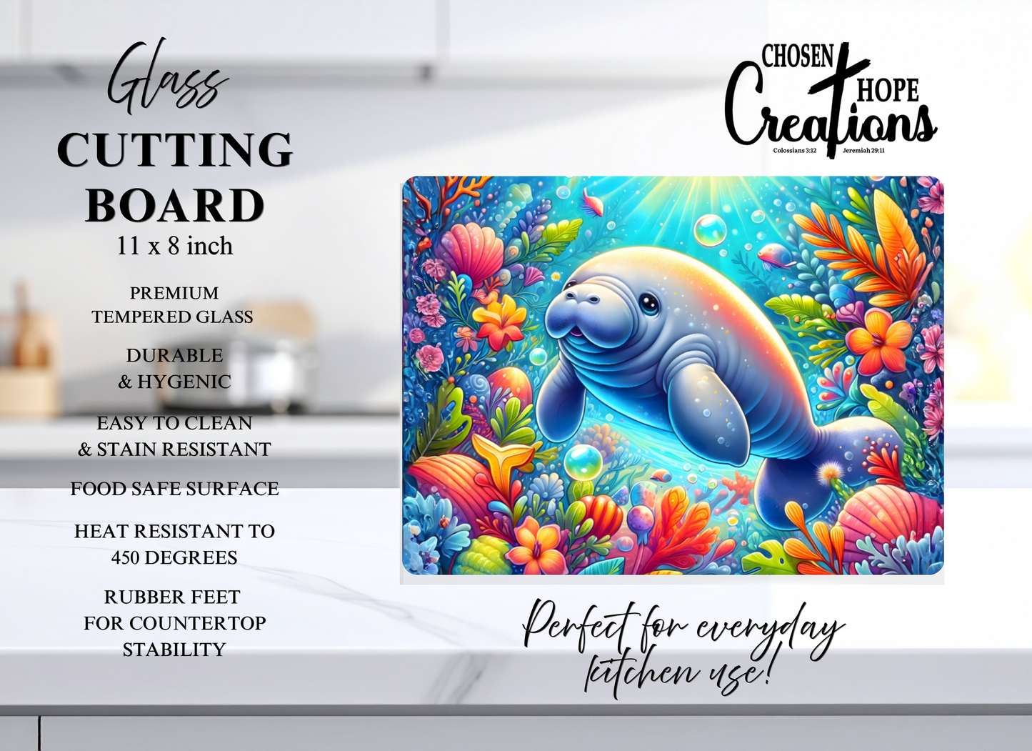Whimsical Manatee Tempered Glass Cutting Board – 8×11