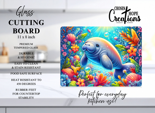 Whimsical Manatee Tempered Glass Cutting Board – 8×11