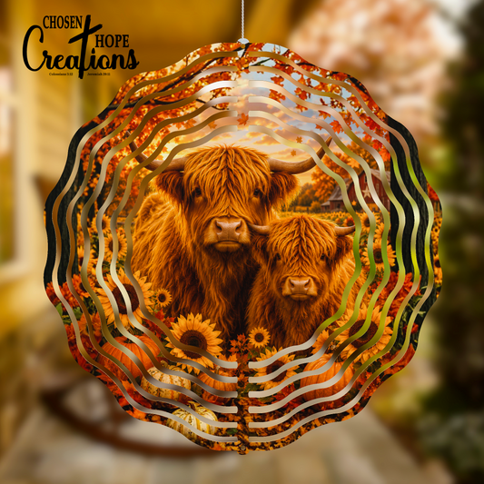 Highland Cow & Calf Sunflower Wind Spinner – Autumn Collection