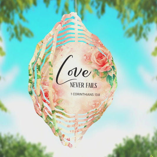 Love Never Fails Wind Spinner | 1 Corinthians 13:8 | Scripture Garden Decor | Wedding & Anniversary Gift
