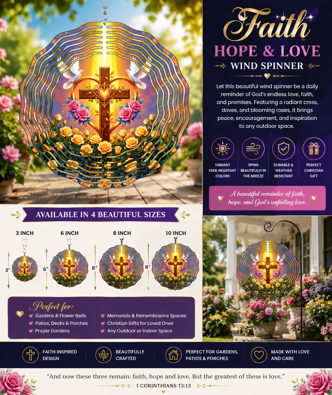 Glowing Cross Heart Doves Wind Spinner | Faith Garden Decor | Christian Gift | Roses & Doves