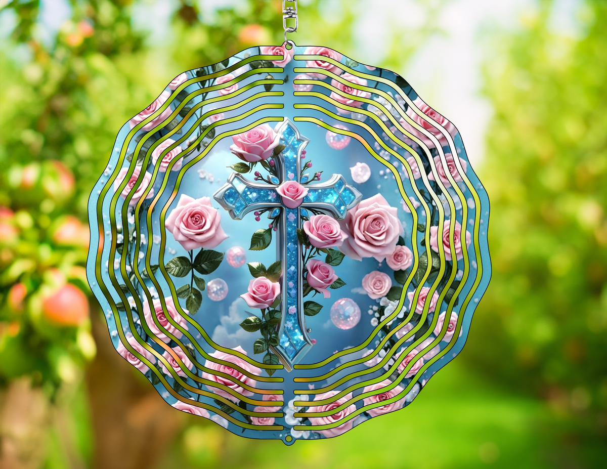 Teal Crystal Cross Pink Roses Wind Spinner | Faith Garden Decor | Christian Gift | Floral