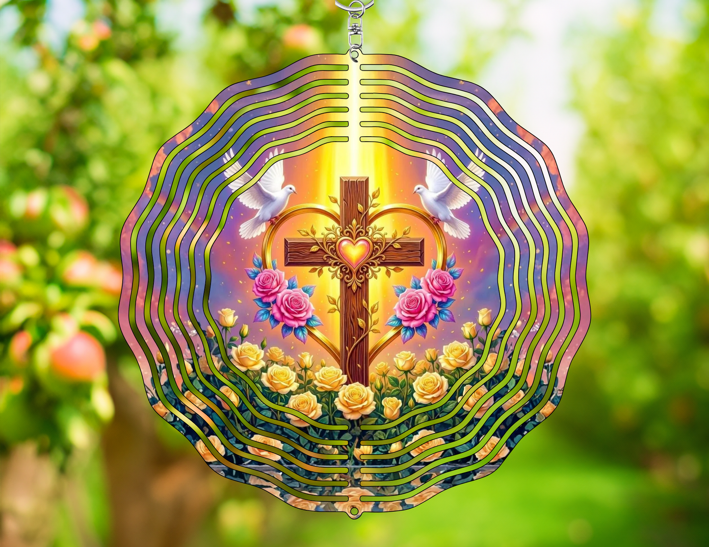 Glowing Cross Heart Doves Wind Spinner | Faith Garden Decor | Christian Gift | Roses & Doves